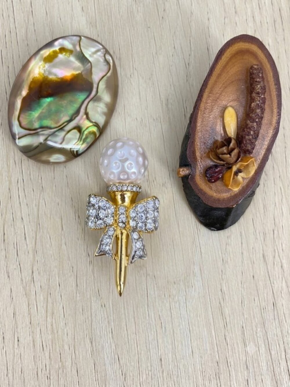 Vintage 3 Brooches Natural Elements Abalone Butler Golf Pin